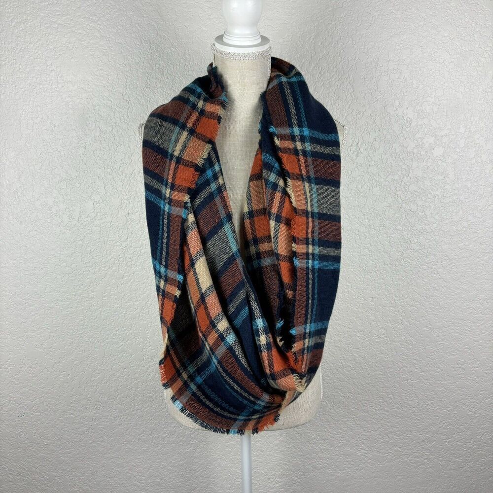 Essential Fall Plaid Infinity Blanket Scarf‎ Blue Orange Brown Closet Staple